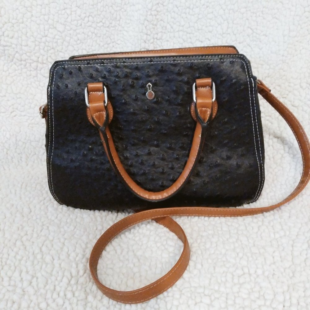 London Fog Black Ostrich Skin Handbag/Crossbody Purse